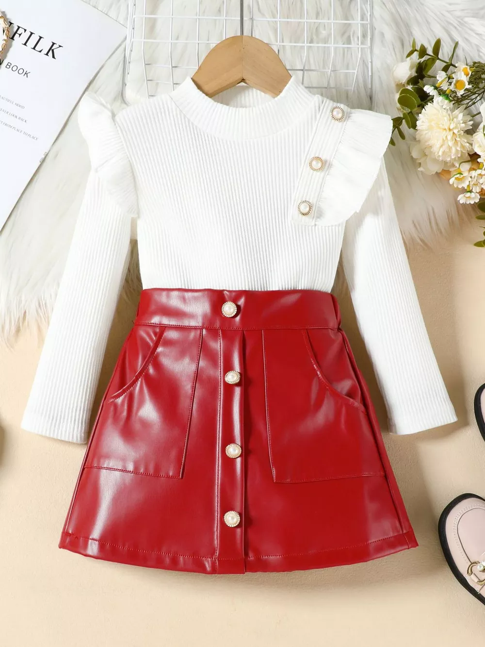 Children's Ruffled Trim Ribbed Top & Faux Leather Skirt Set, image 2