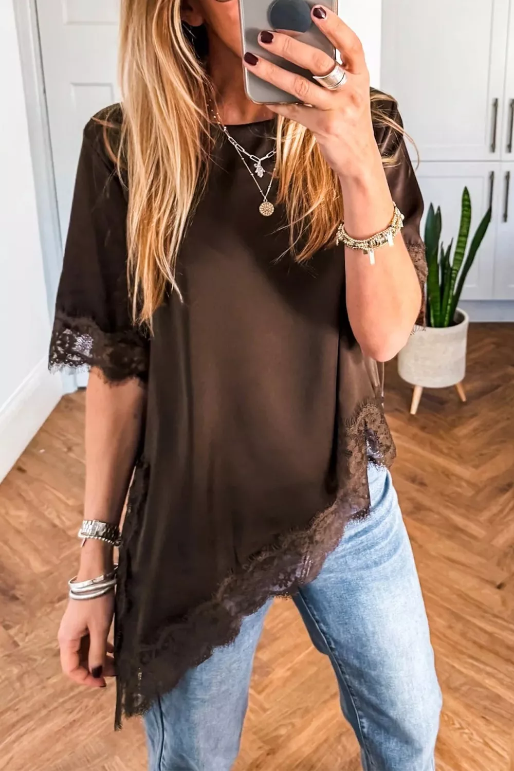 Asymmetric Lace Trim Short Sleeve Satin Top, image 4