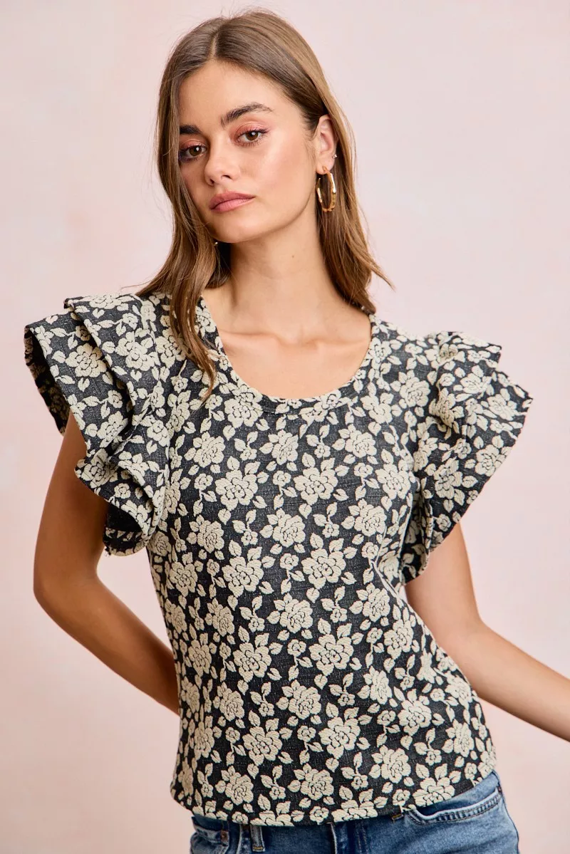 BiBi Floral Jacquard Ruffle Sleeves Knit Top, image 6