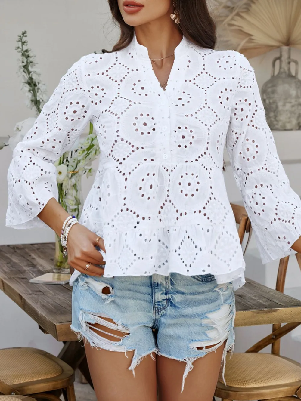 Half Button Flounce Sleeve Peplum Blouse, image 13