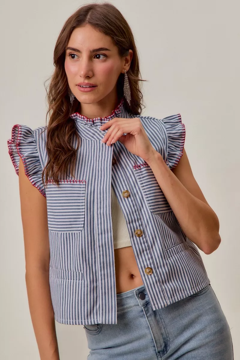 Stripe Twill Stitch Ruffled Hidden Button Vest Top, image 5