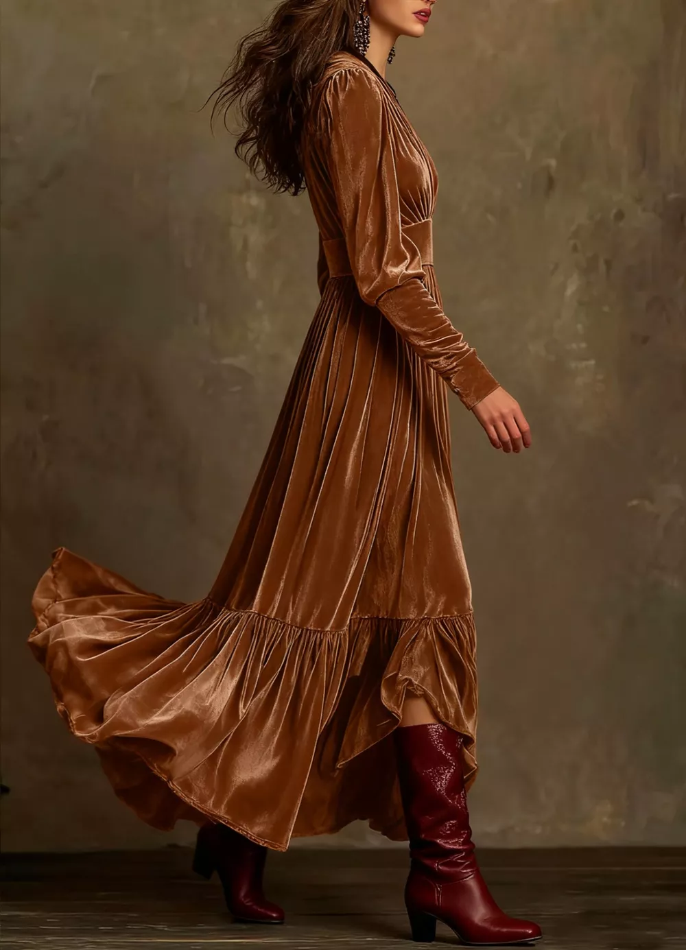Velvet V-Neck Long Sleeve Ruffled Dress, image 3