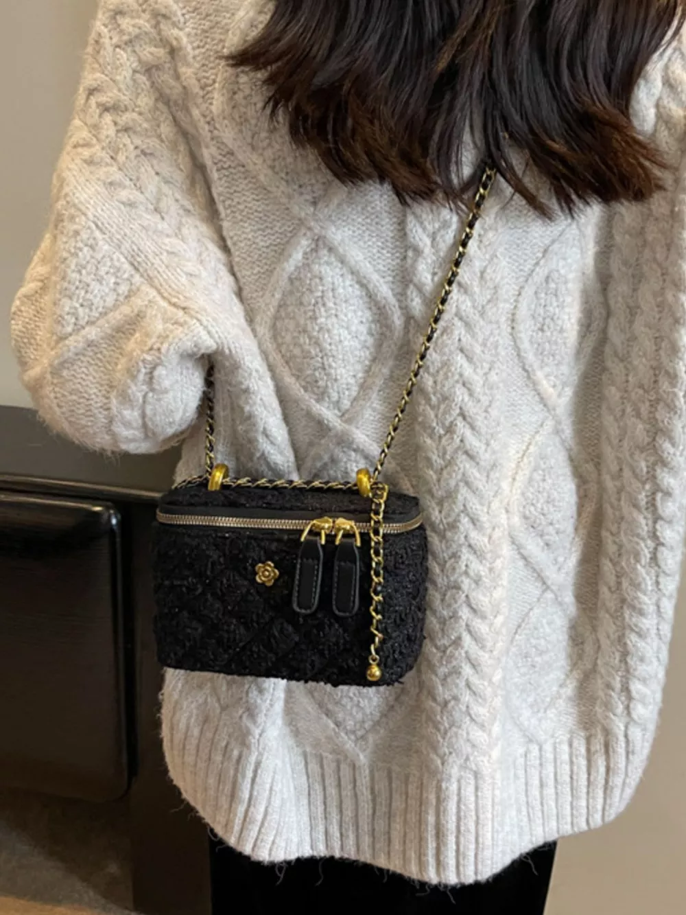 Tweed Crossbody Bag with Chain Strap, image 2