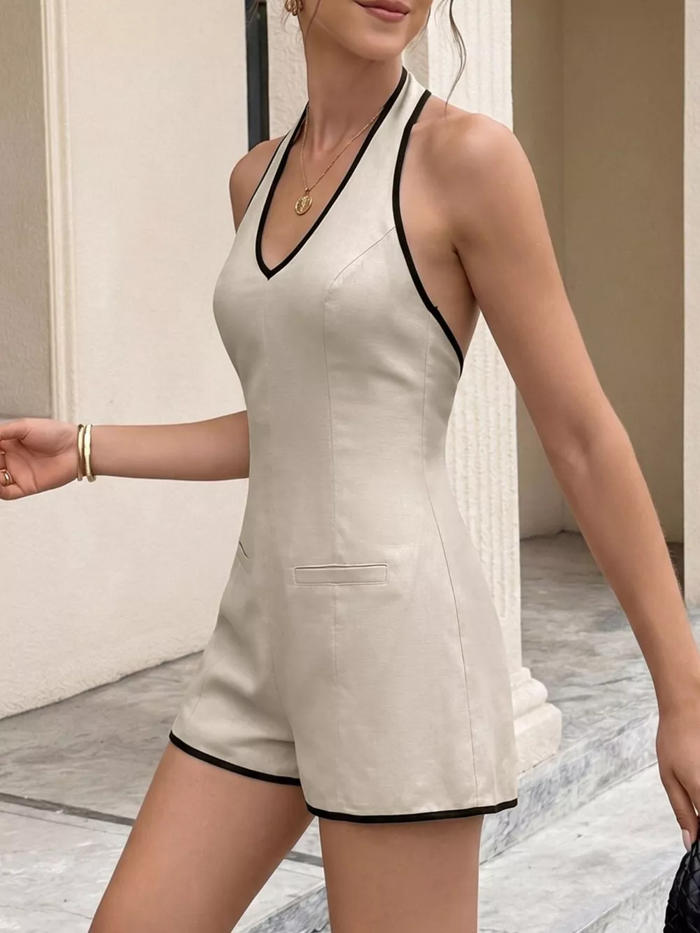 Halter Neck Romper with Contrasting Trim, image 4