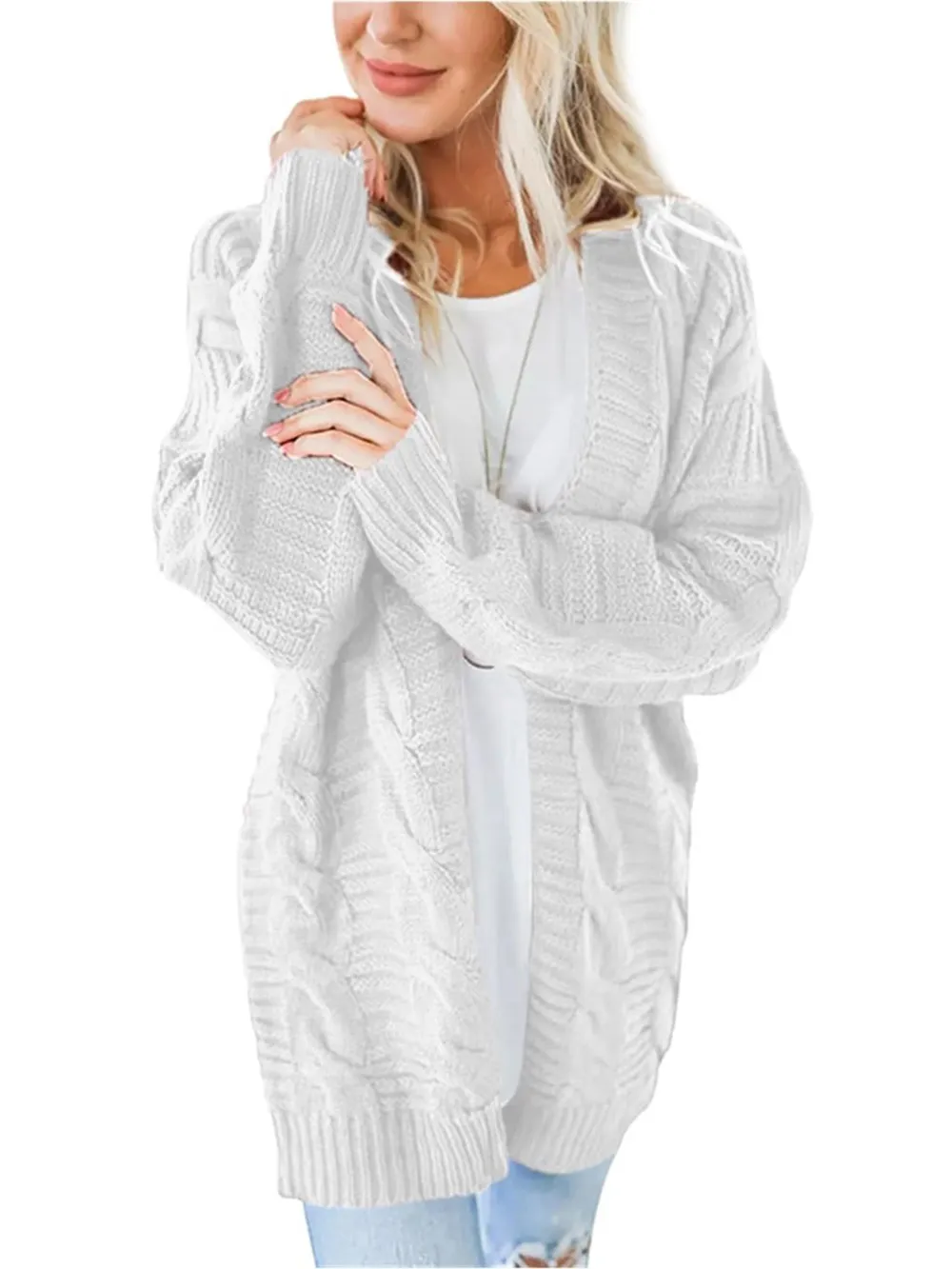 Cable-Knit Open Front Long Sleeve Cardigan, image 11