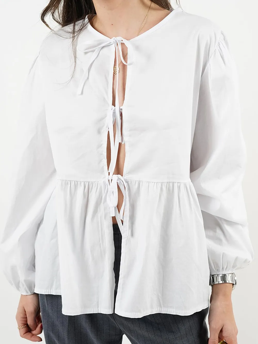 Tied Round Neck Long Sleeve Blouse, image 2