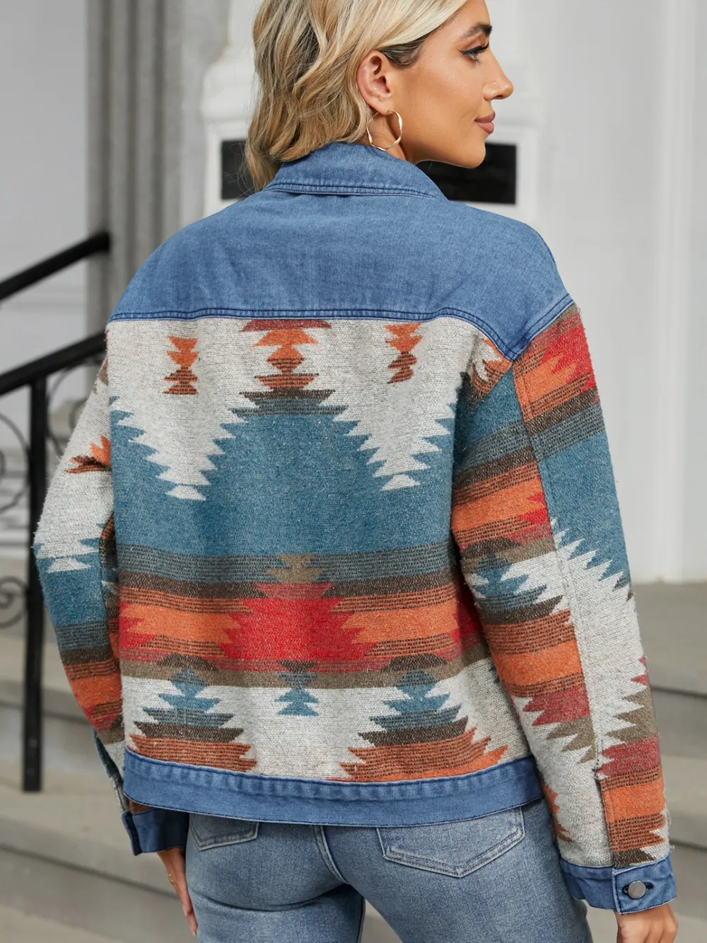 Geometric Button Up Long Sleeve Denim Jacket, image 3
