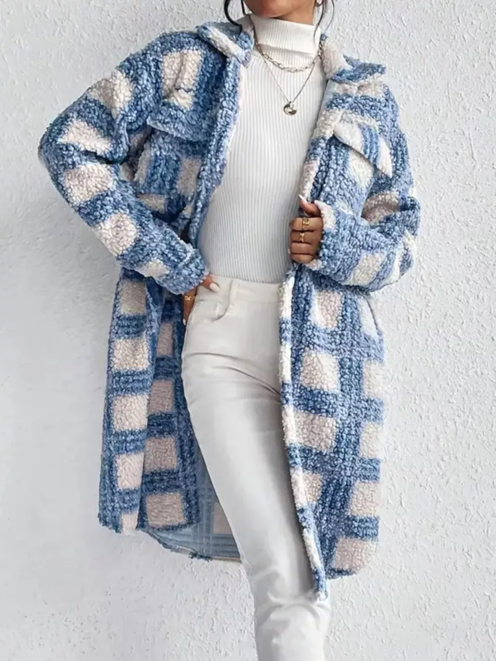 Plaid Button Up Long Sleeve Fleece Coat, image 2