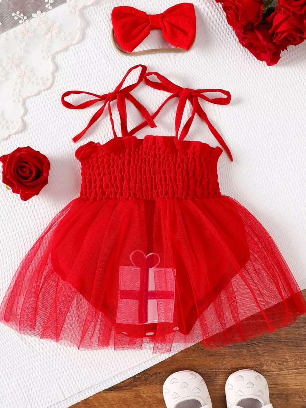 Children's Smocked Tie Shoulder Bodysuit Dress with Headband