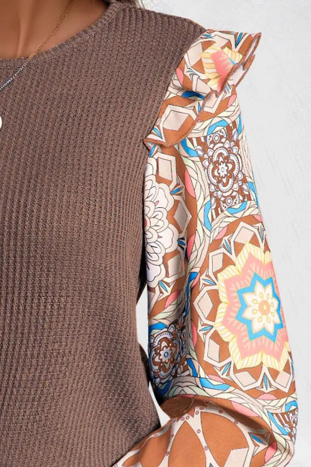 Ruffled Printed Round Neck Long Sleeve Top, image 3