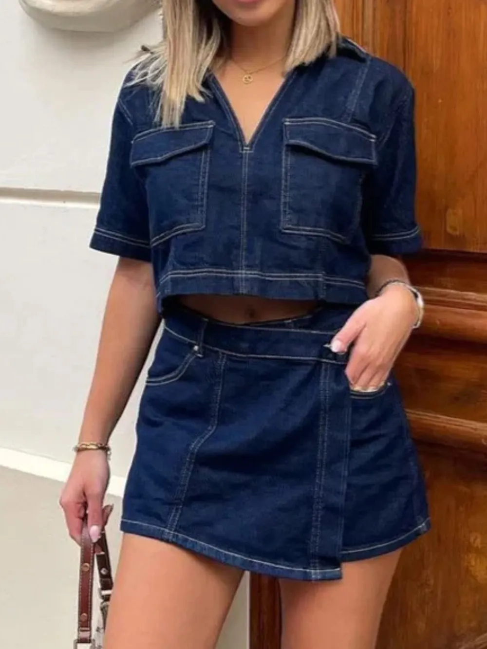 Johnny Collar Short Sleeve Top and Skort Denim Set, image 2
