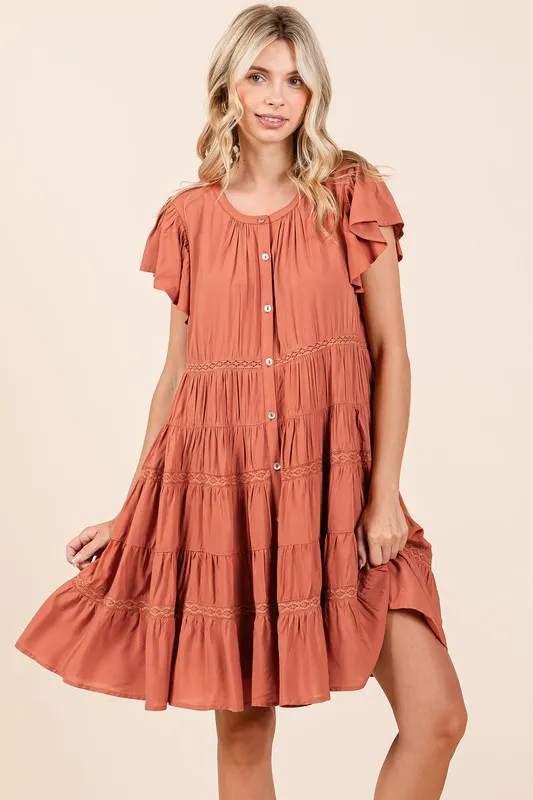 Lace Detail Ruffled Button Down Tiered Dress
