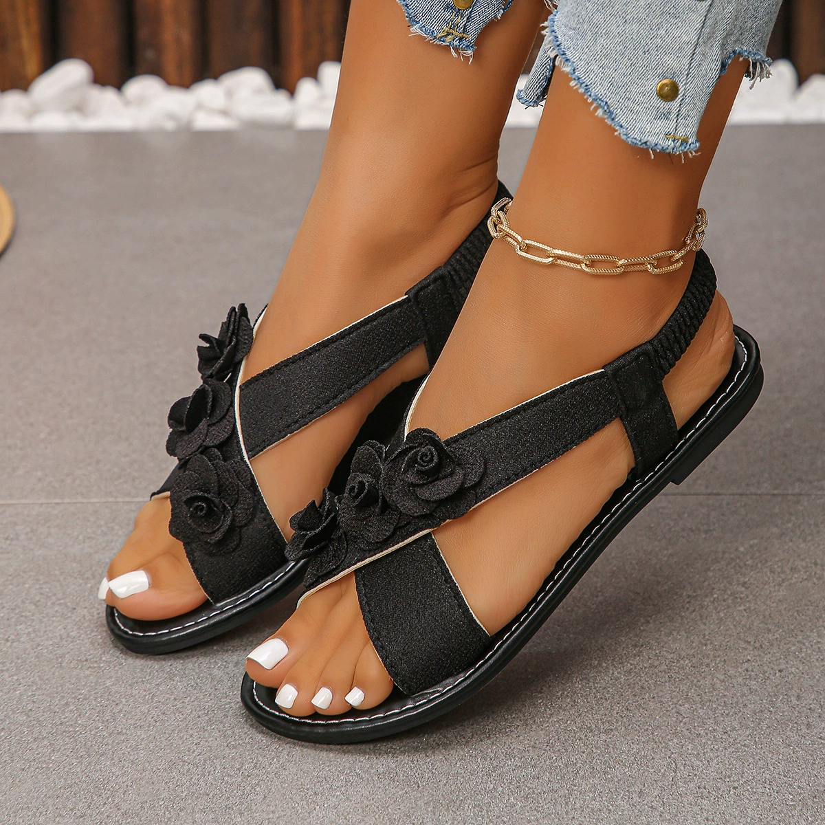 Floral Embellished Elastic Slingback Sandals, image 2