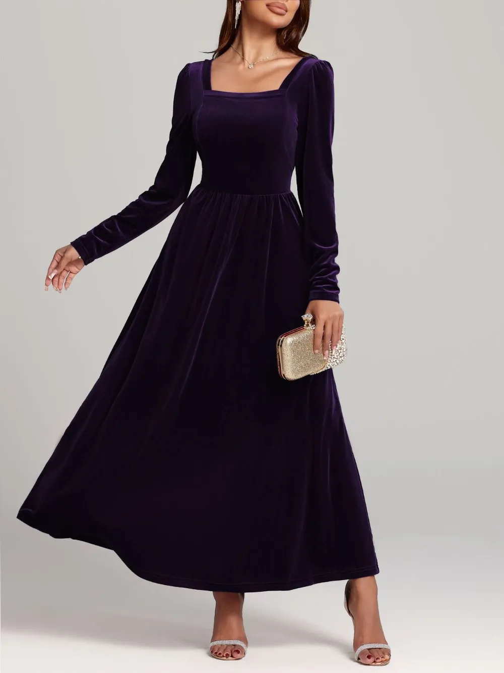 Velvet Square Neck Long Sleeve Dress, image 2