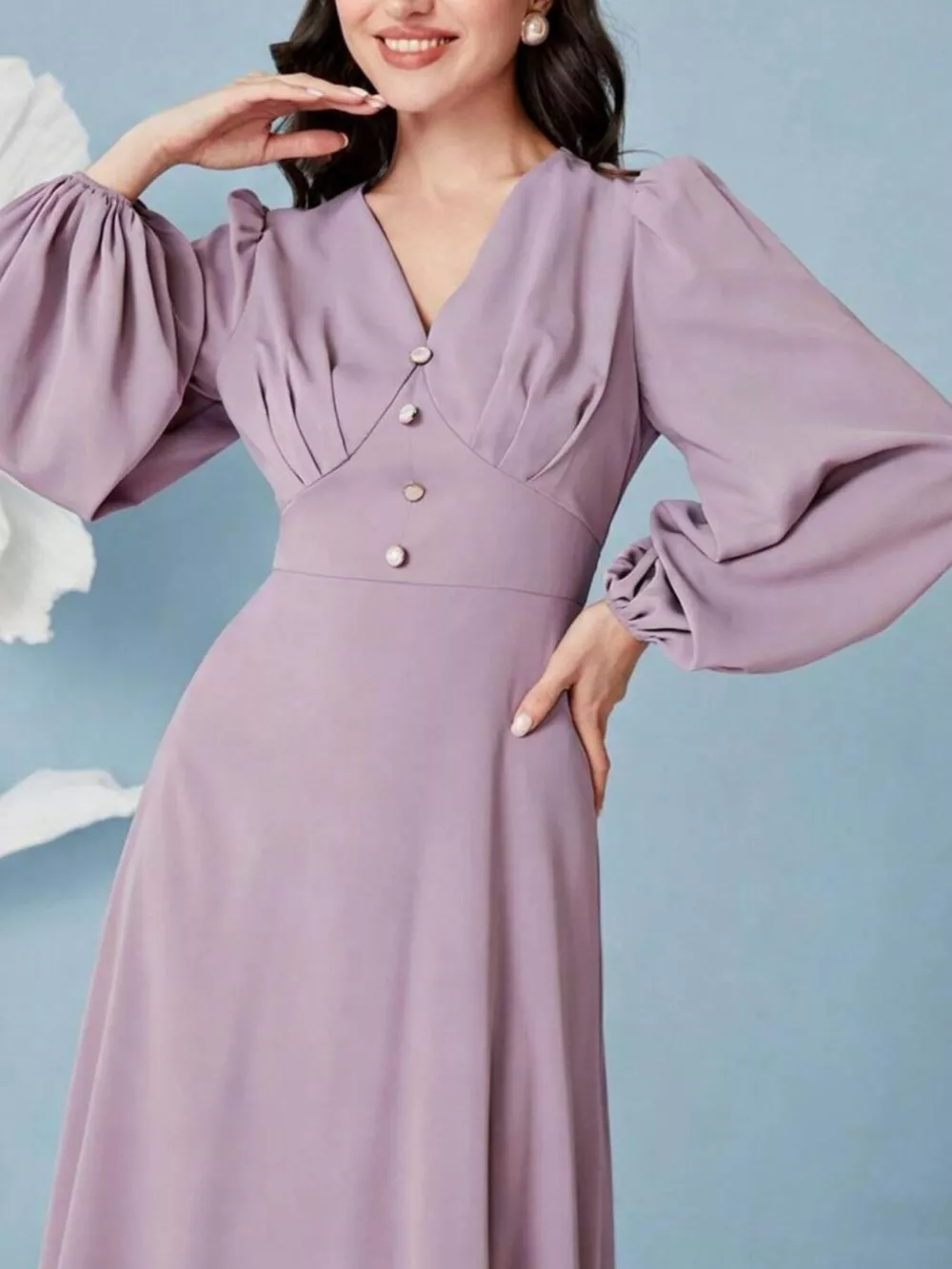 V-Neck Balloon Sleeve Maxi Dress, image 2