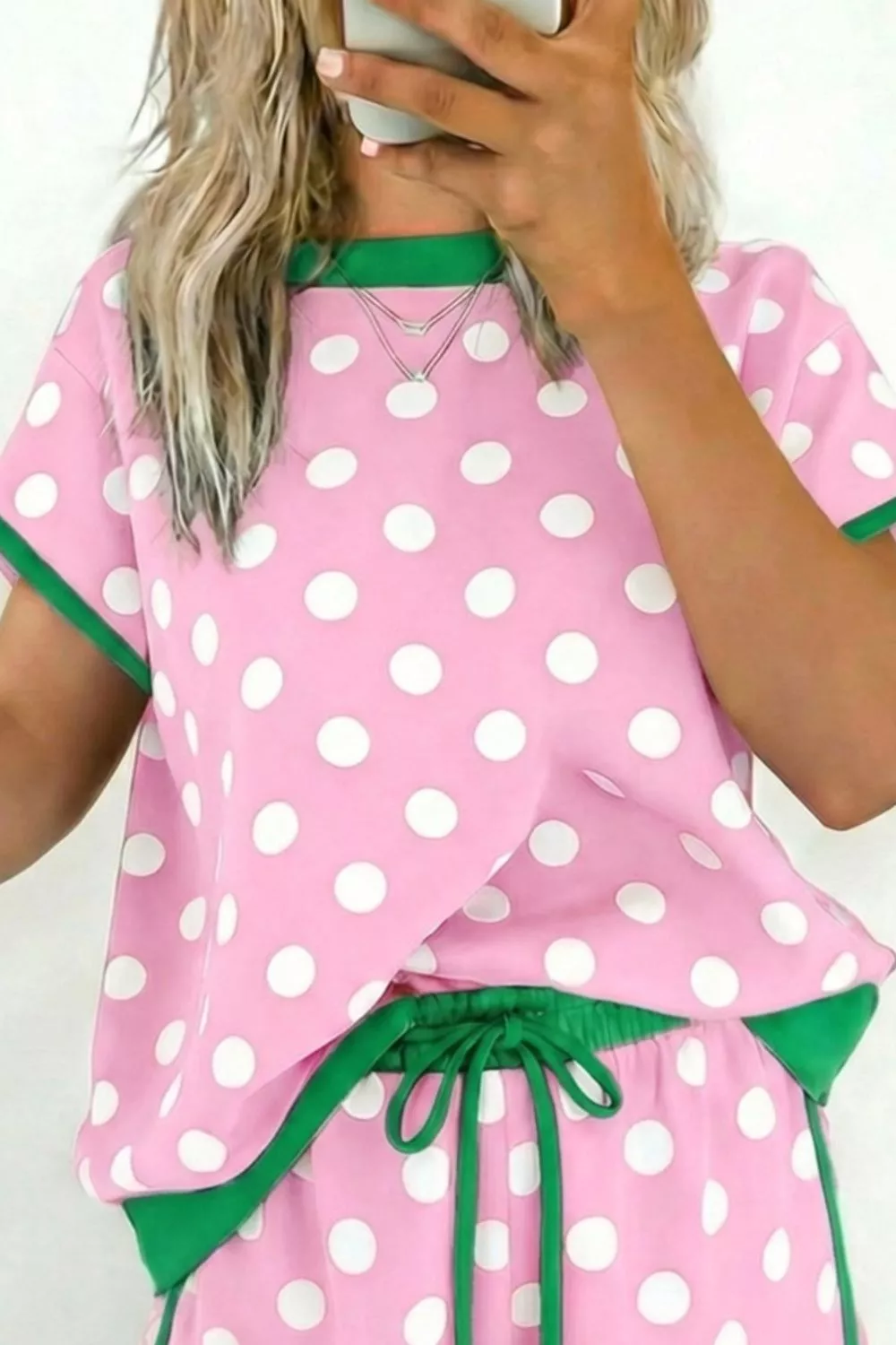 Polka Dot Contrast Trim Top and Drawstring Shorts Set, image 12