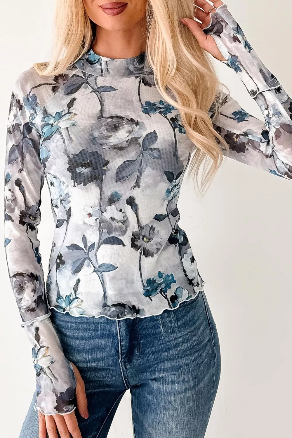 Floral Mesh High Neck Long Sleeve Sheath Top, image 3