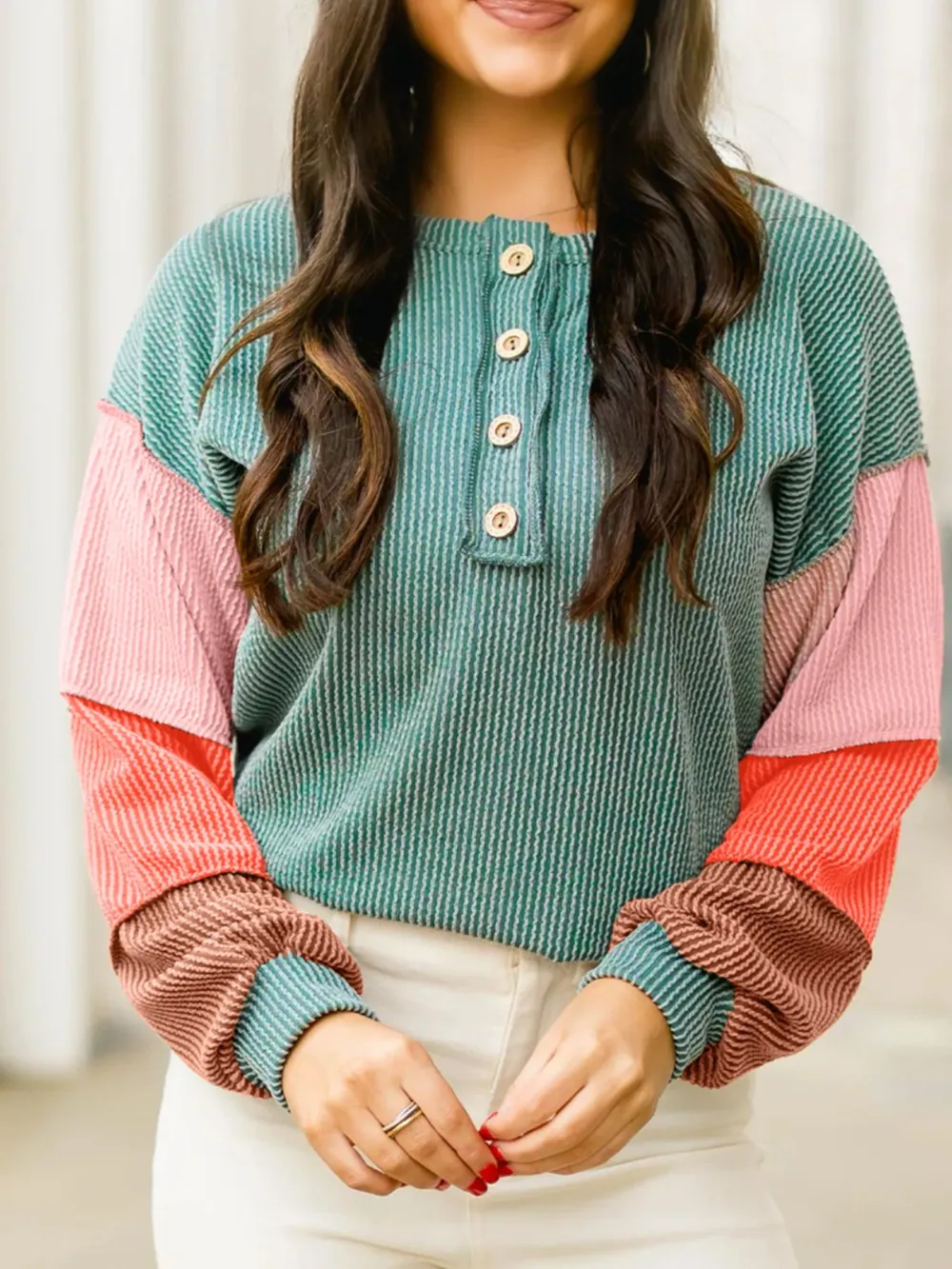 Color Block Ribbed Knit Henley Sweatshirt, image 5