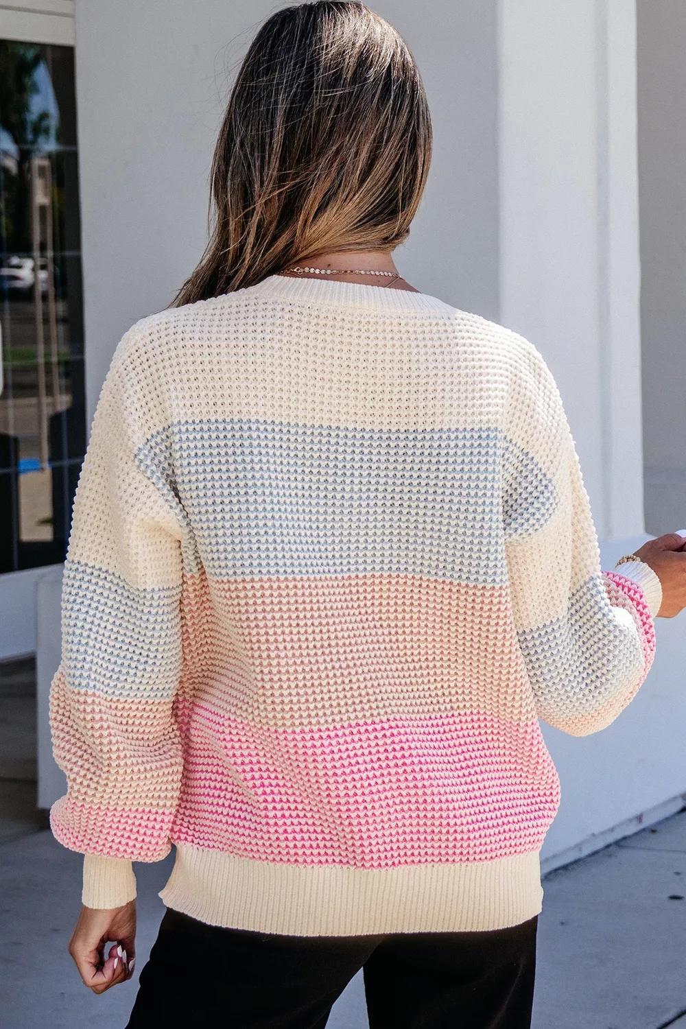 Color Block Waffle Knit Drop Shoulder Round Neck Long Sleeve Sweater, image 4