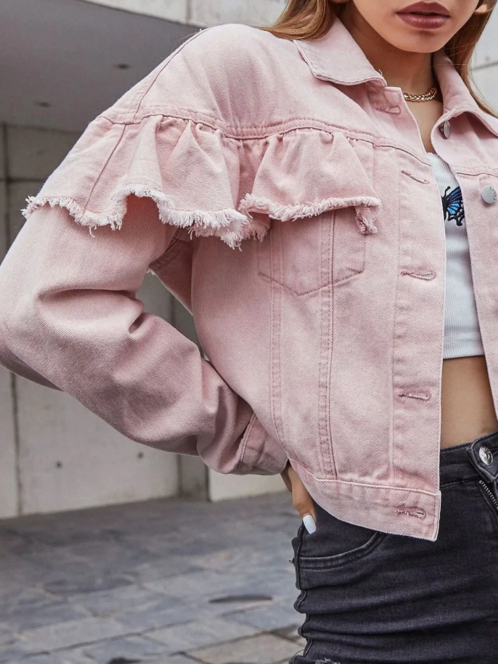 Ruffled Collared Neck Long Sleeve Denim Top, image 3