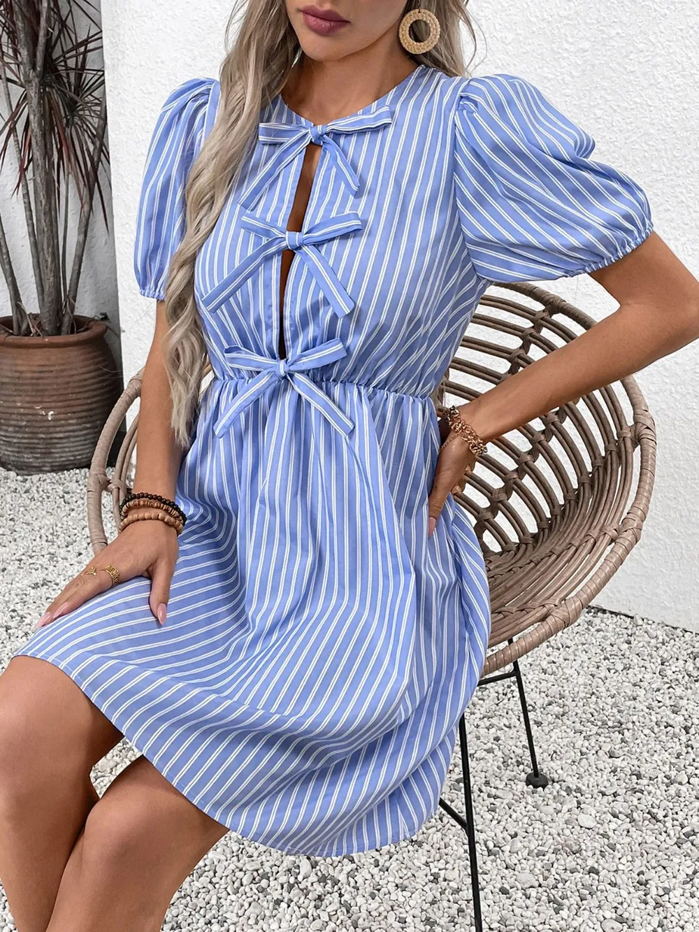 Tied Striped Short Sleeve Mini Dress, image 2