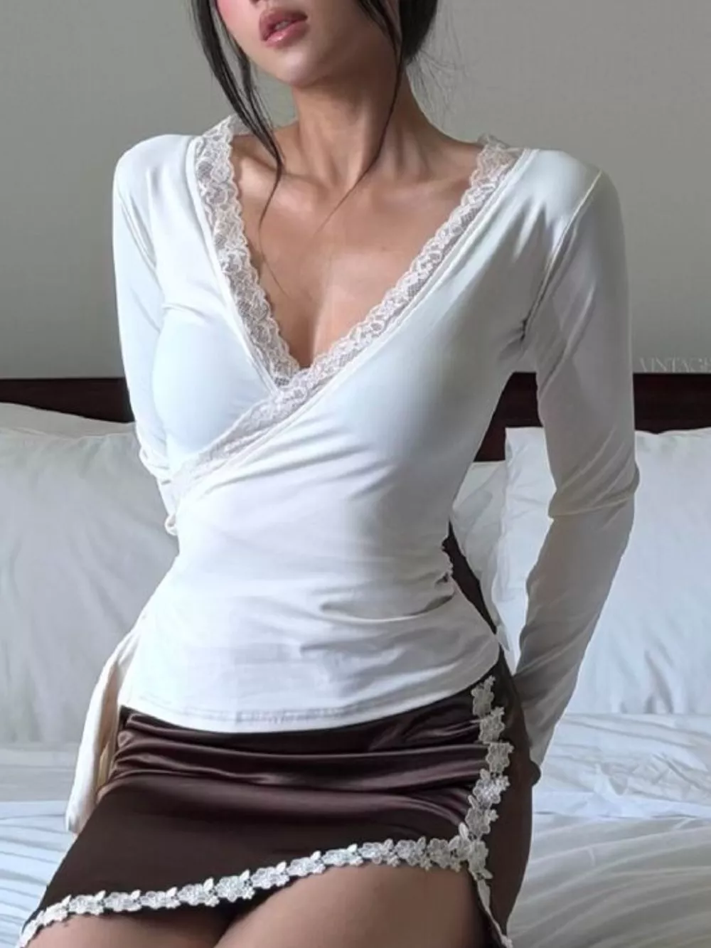 Lace-Trimmed Long Sleeves Wrap Blouse, image 14