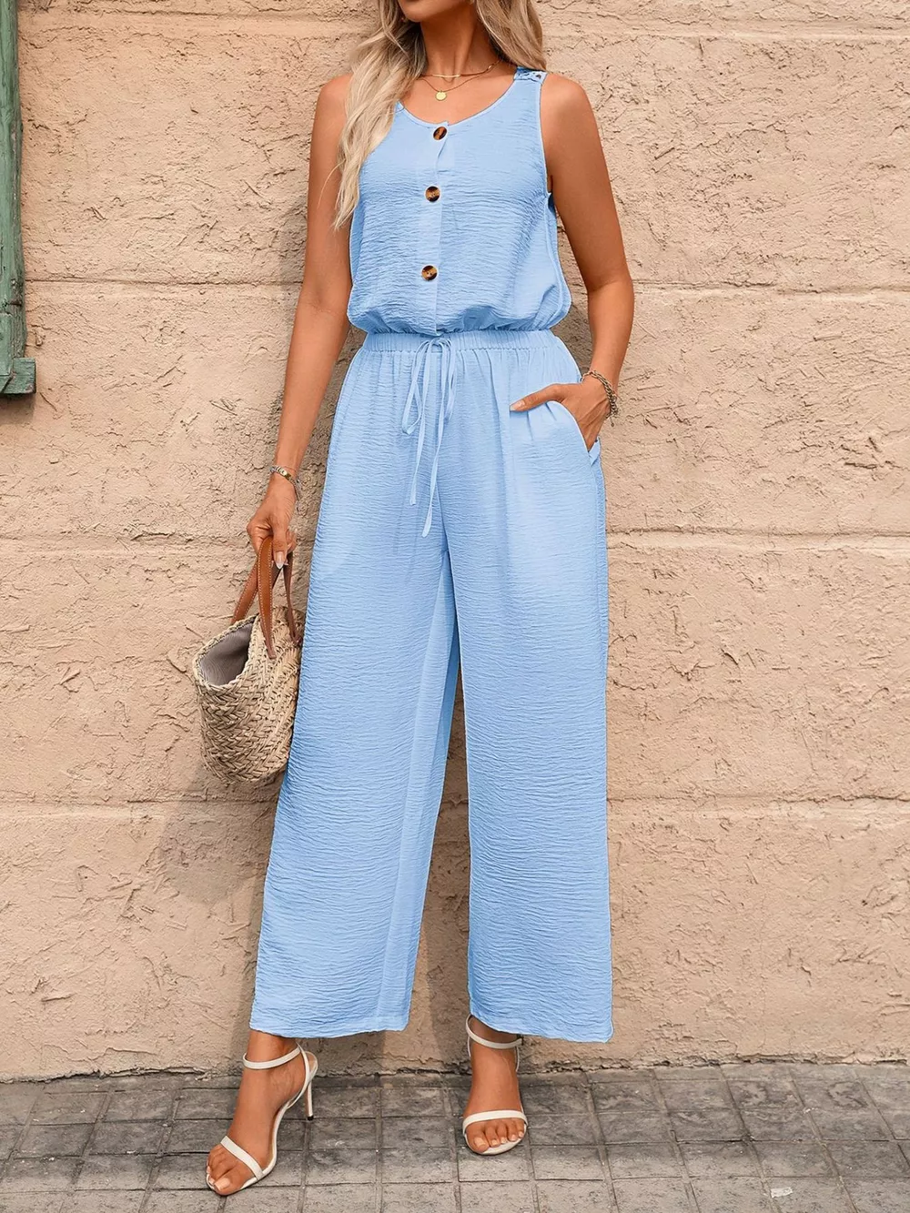 Sleeveless Button-Front Wide Leg Jumpsuit, image 15