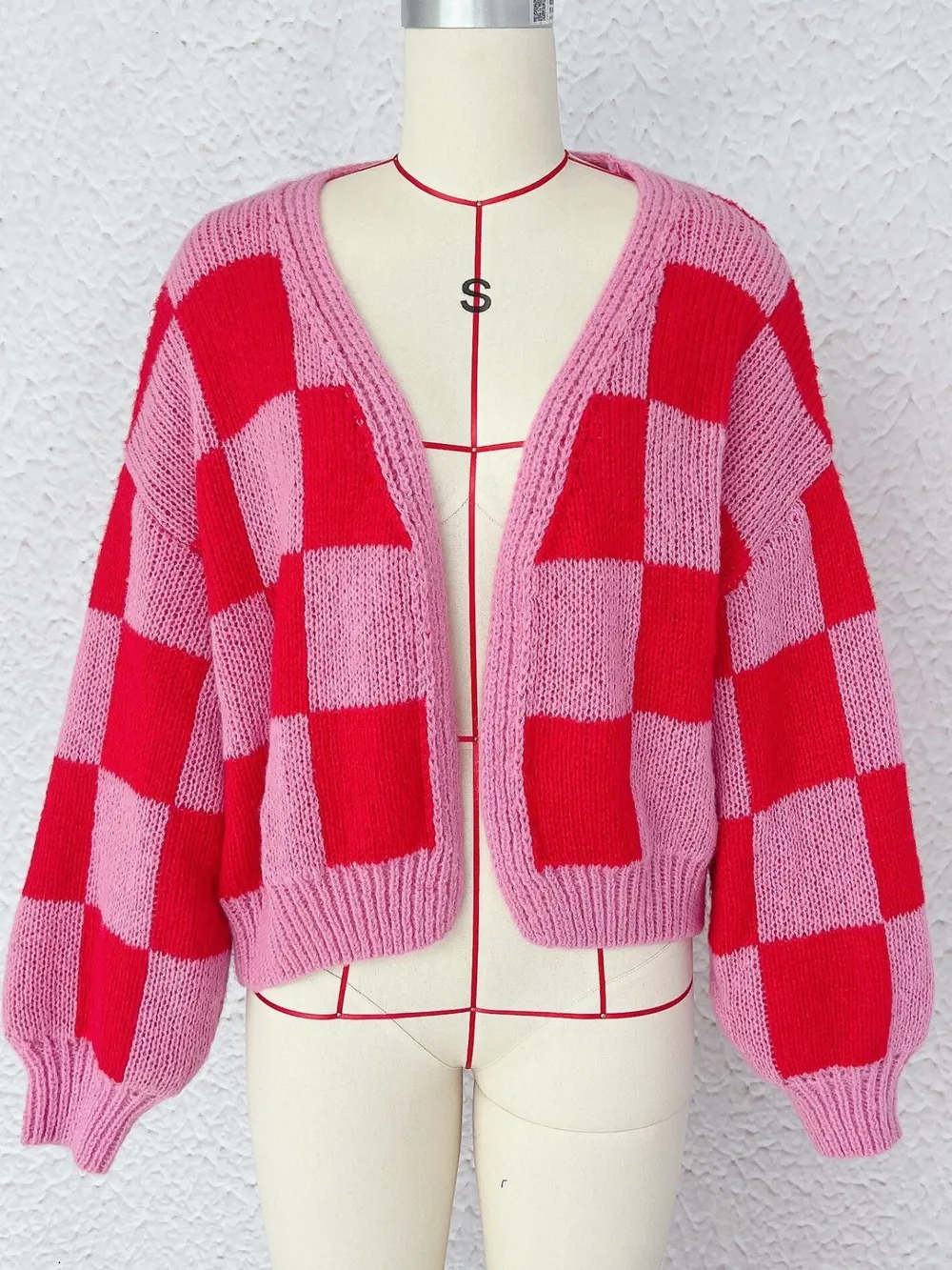 Checkered Open Front Long Sleeve Cardigan, image 6