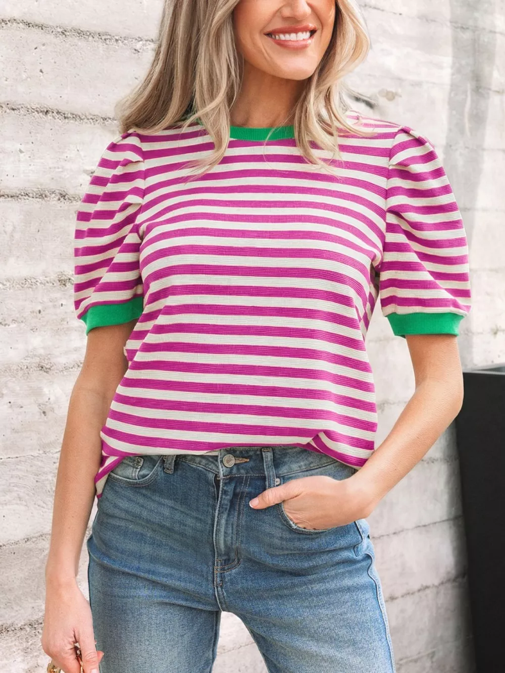 Stripe Short Puff Sleeve Contrast Trim Round Neck Tee, image 2