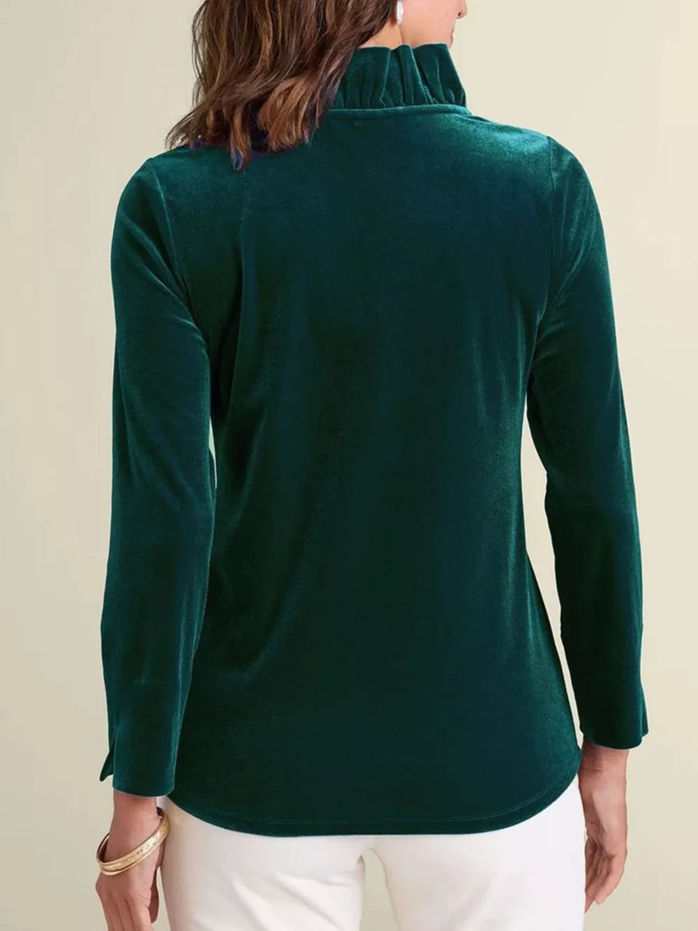 Velvet Long Sleeve Blouse with Ruffled V-Neck, image 7