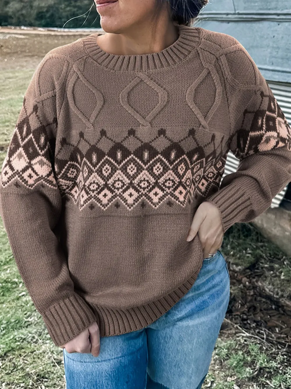 Geometric Round Neck Long Sleeve Sweater, image 3