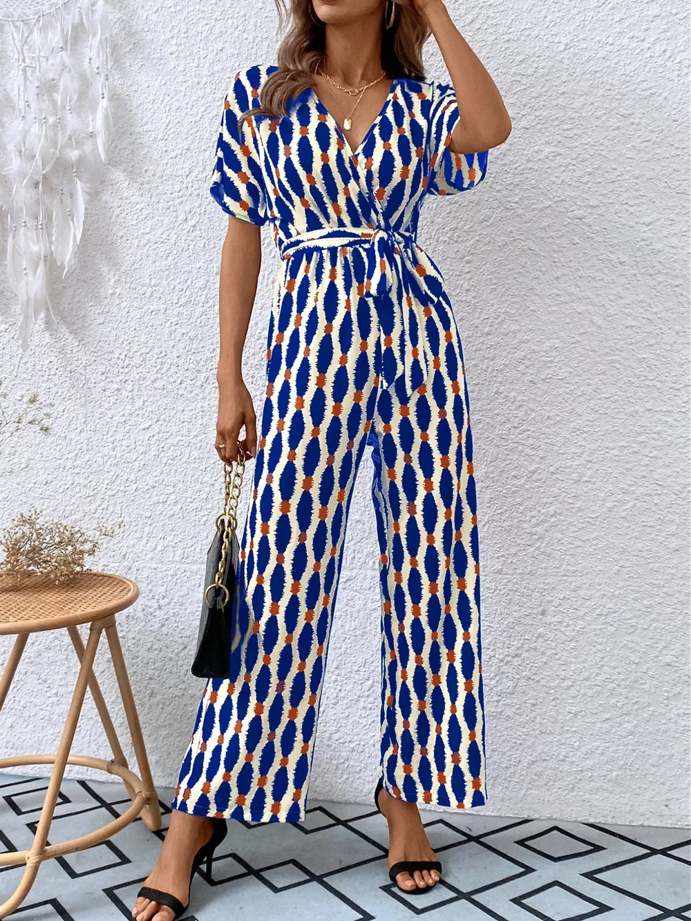 Printed Surplice Tie Waist Short Sleeve Jumpsuit, image 6