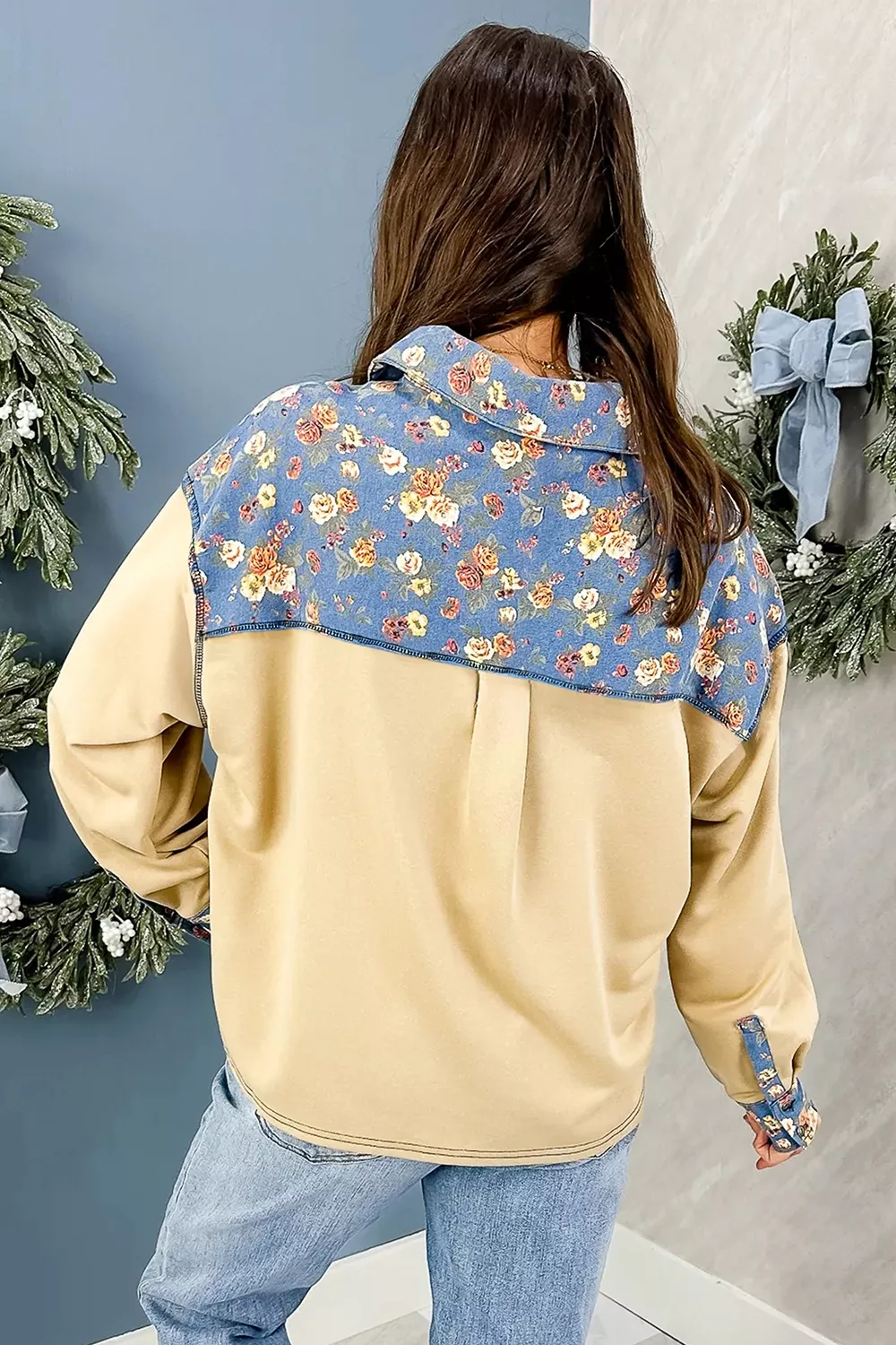 Floral Denim Patchwork Collar V Neck Long Sleeve Pullover Top, image 2