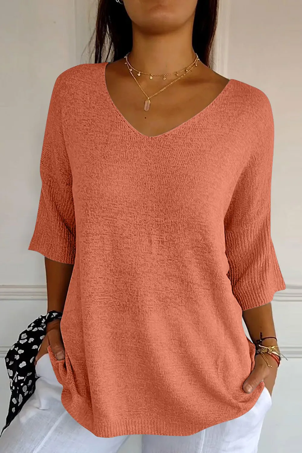 V-Neck Three-Quarter Sleeve Knit Top, image 22