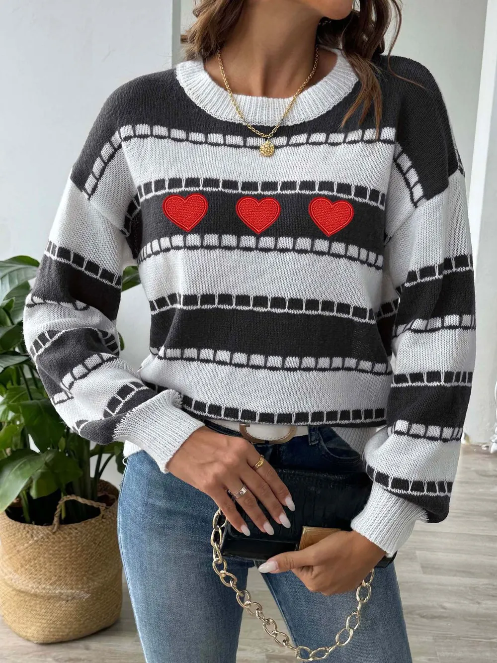 Heart Round Neck Long Sleeve Sweater, image 2
