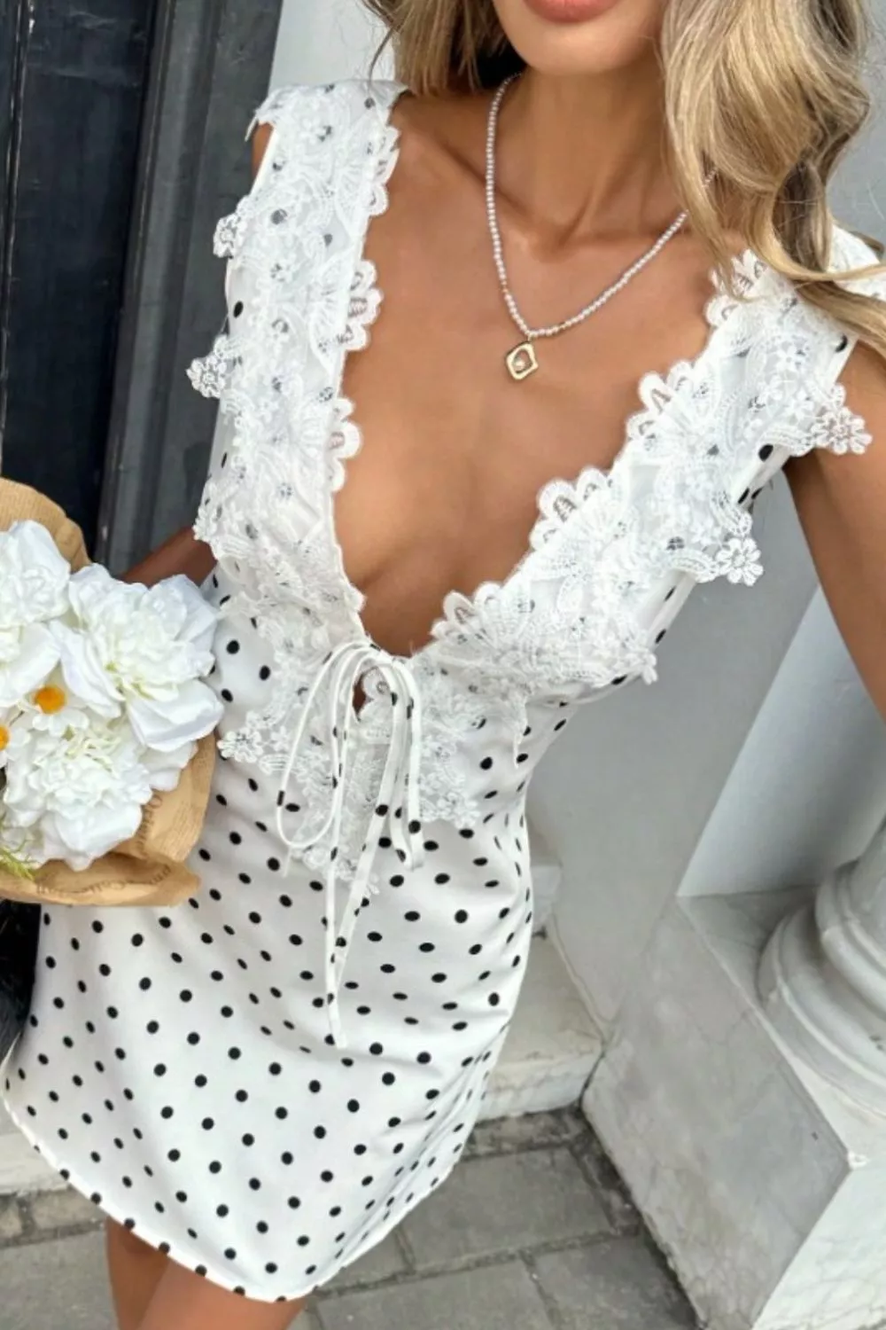 Lace Trim Polka Dot Mini Dress, image 6