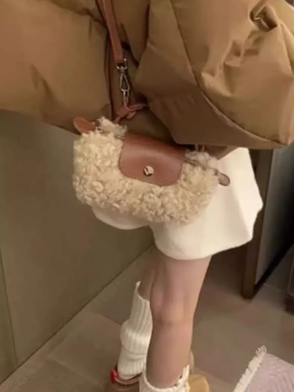 Fluffy Crossbody Bag with Leather Accents, image 3