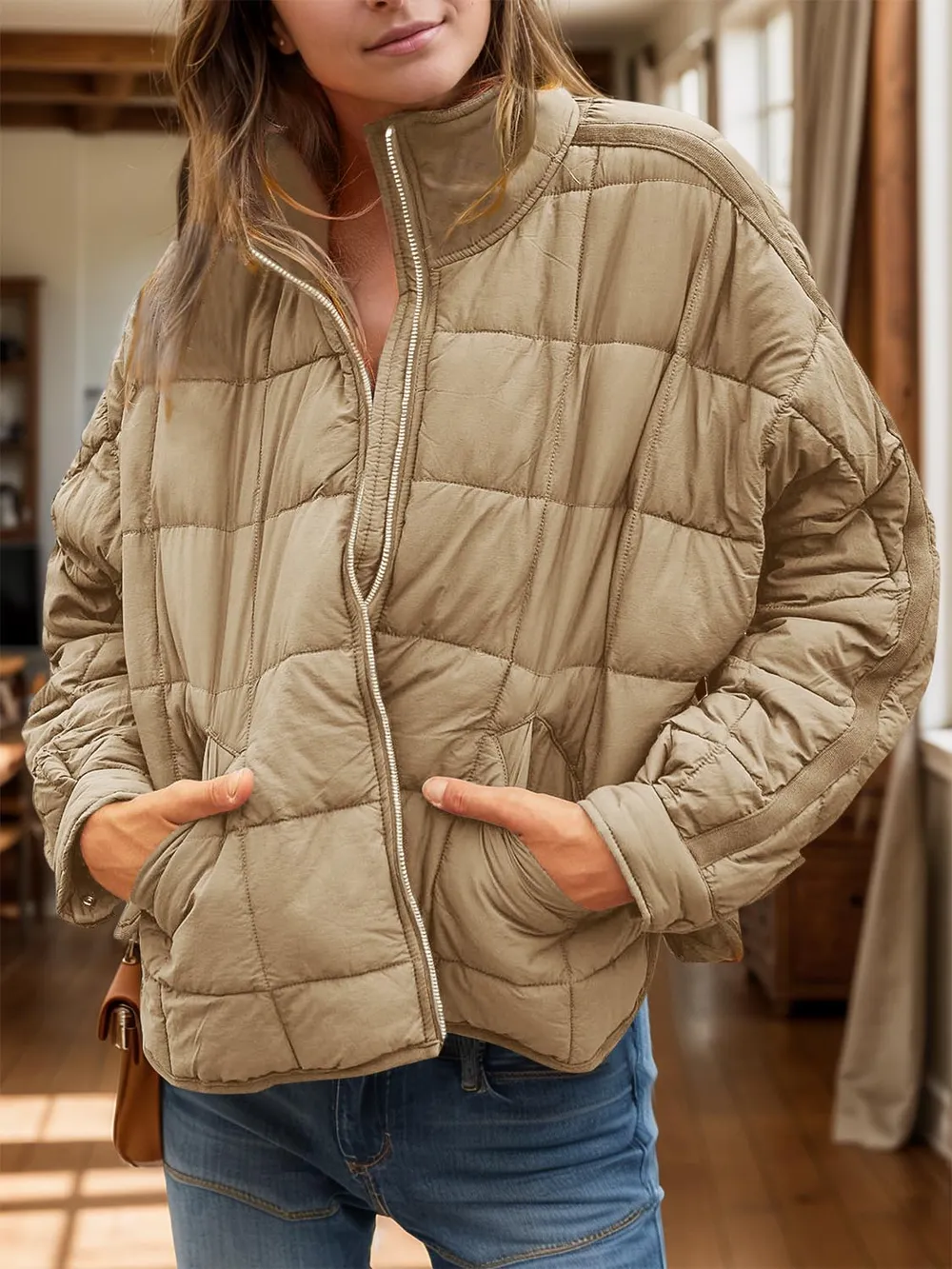 Pocketed Plaid Quilted Zip Up Winter Coat, image 2
