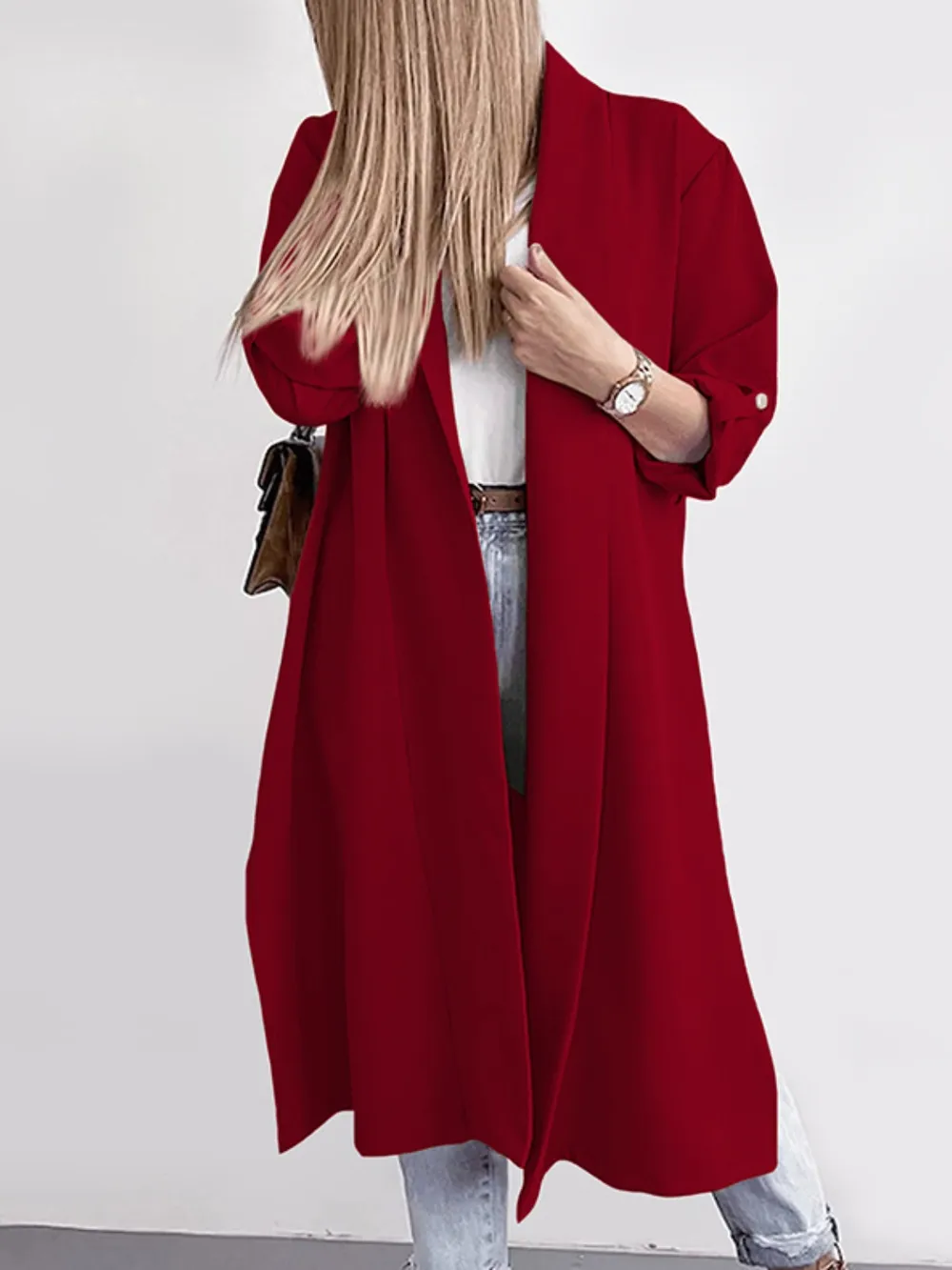 Slit Open Front Roll-Tab Sleeve Trench Coat, image 2