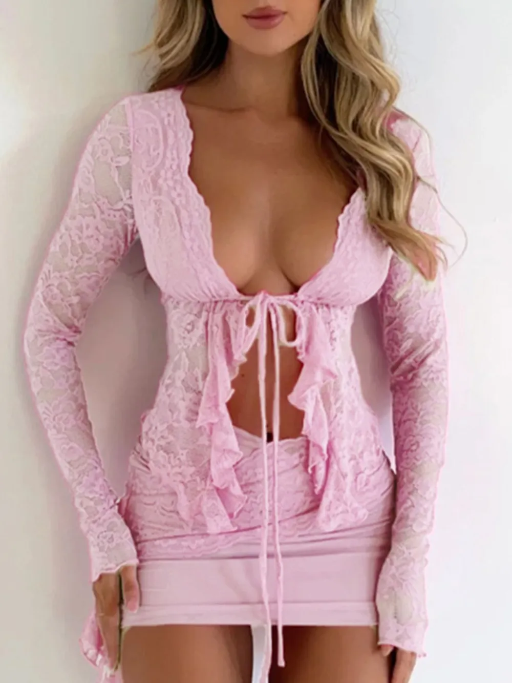 Tied Front Ruffled Long Sleeve Lace Shirt