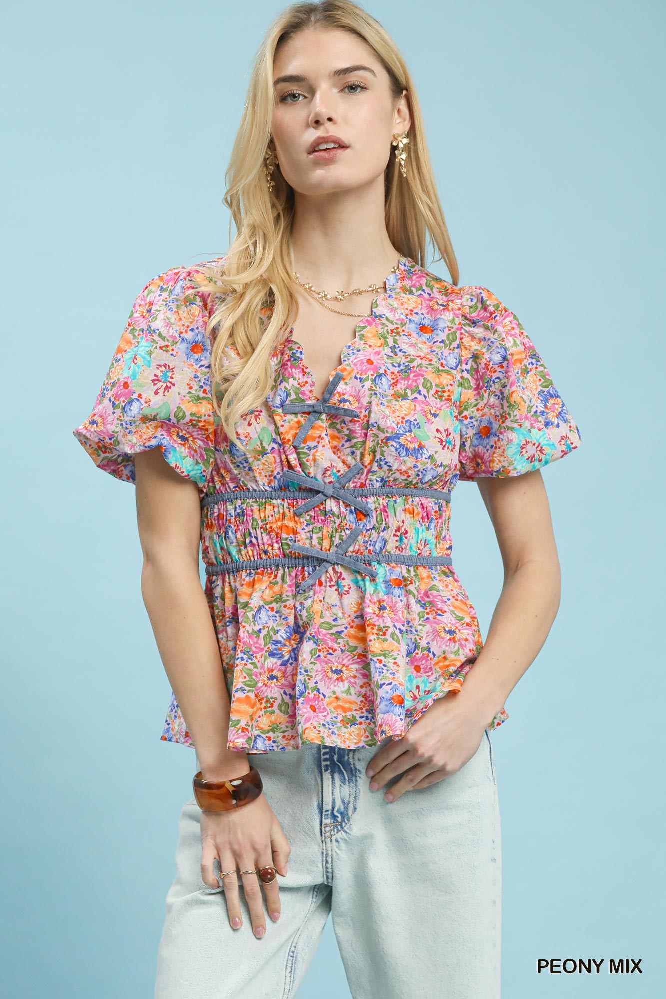Mix Floral Smocked Waist Blouse