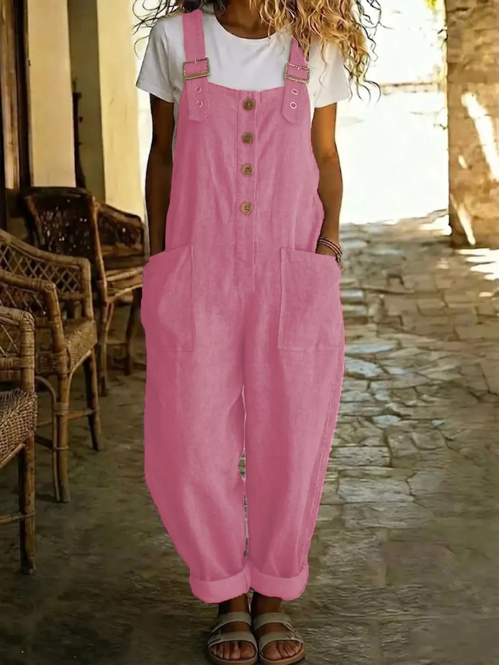 Casual Button Front Wide Leg Overalls, image 11