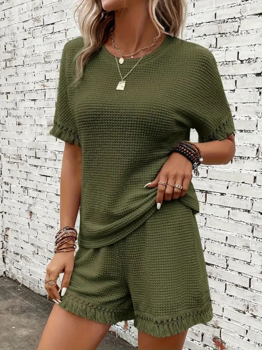 Tassel Round Neck Top and Shorts Set, image 6