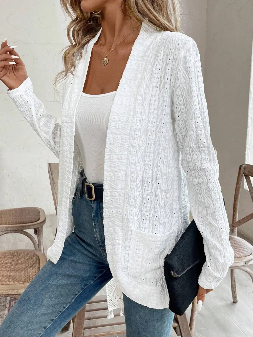 Pocketed Eyelet Open Front Cover Up, image 5