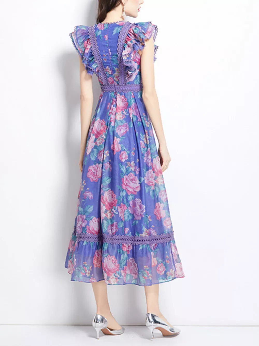 Floral Print Ruffle Sleeve Midi Dress, image 3