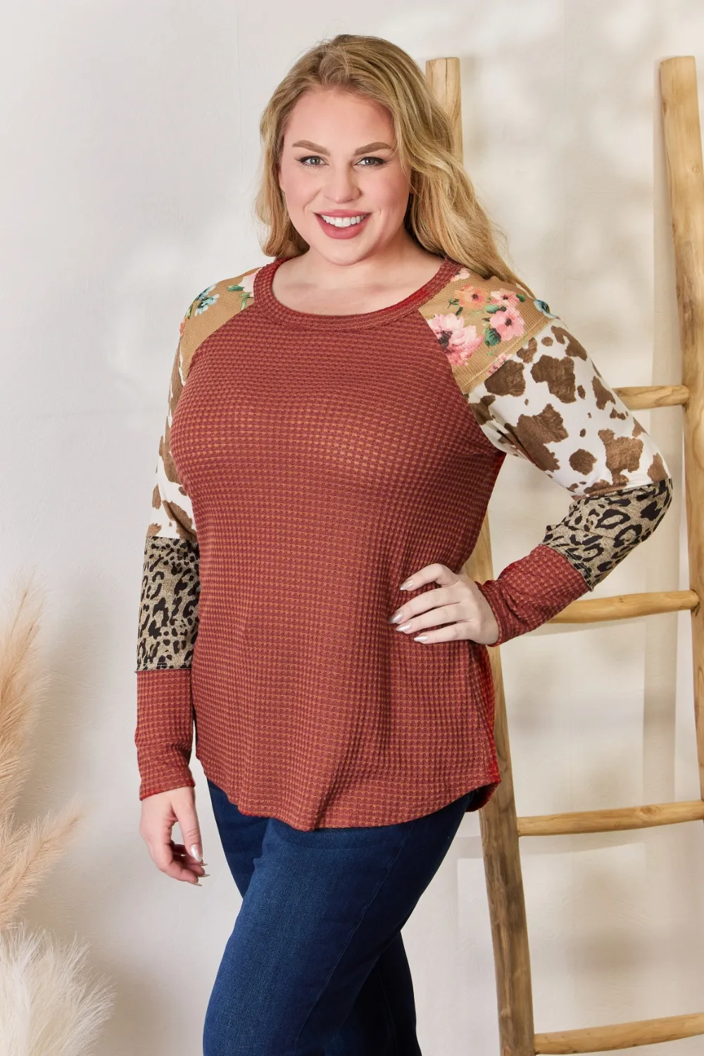 Full Size Leopard Waffle-Knit Blouse, image 3