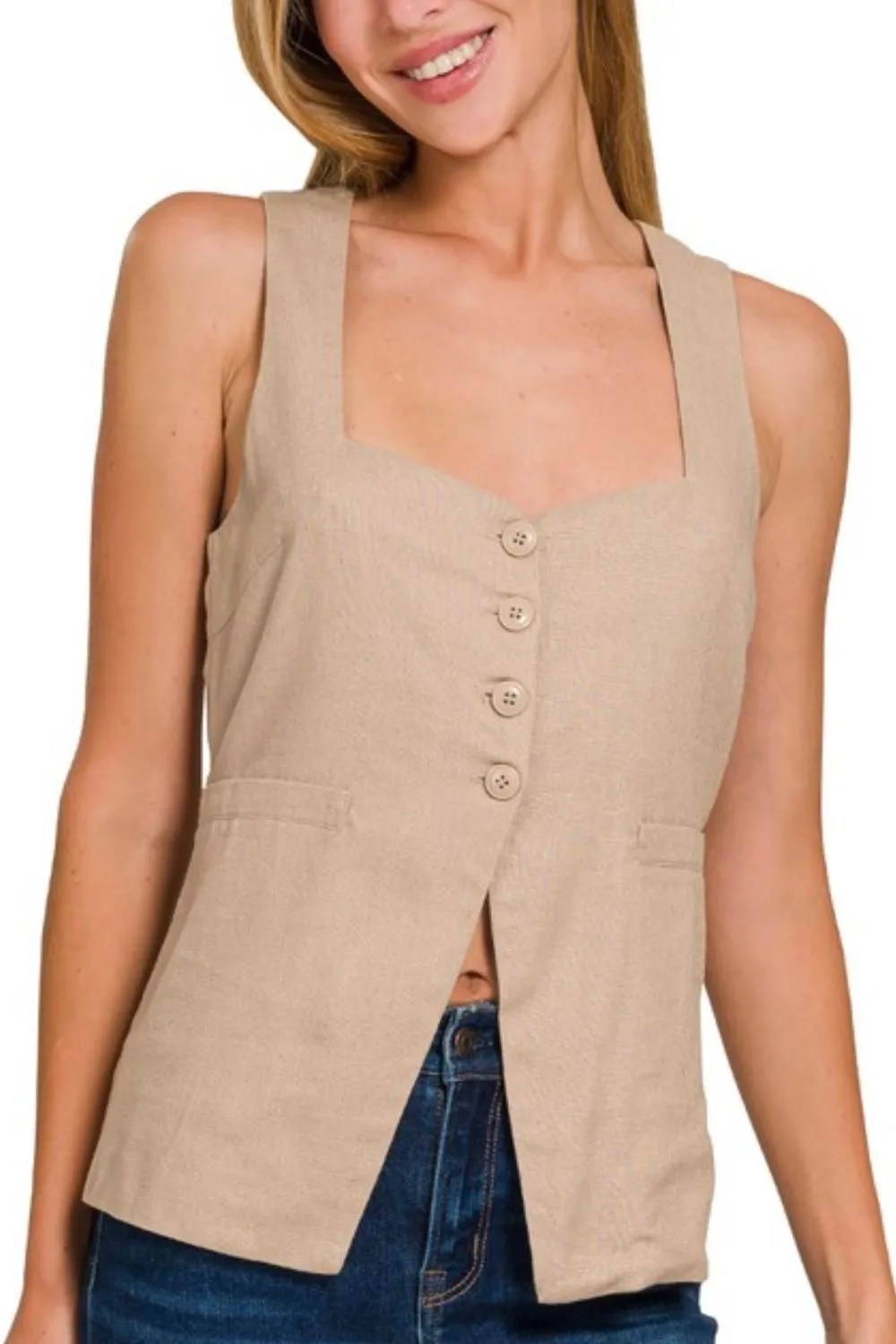 Linen Tie-back 4-button Vest with Lining, image 2