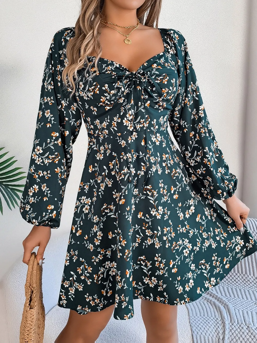 Printed Sweetheart Neck Balloon Sleeve Mini Dress, image 16