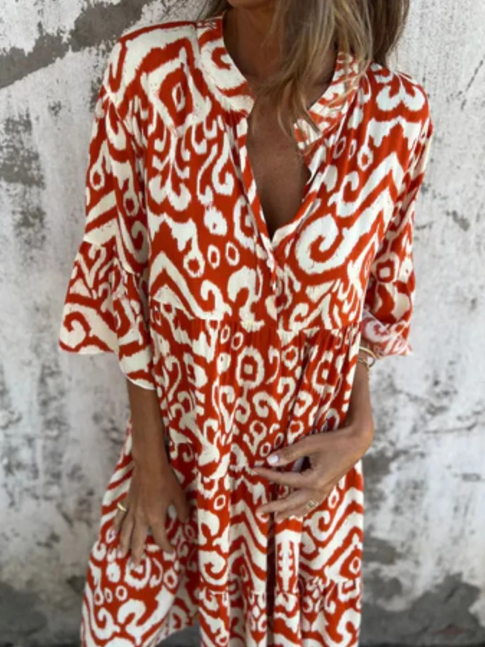 Full Size Printed Notched Half Sleeve Dress Plus Size, image 3