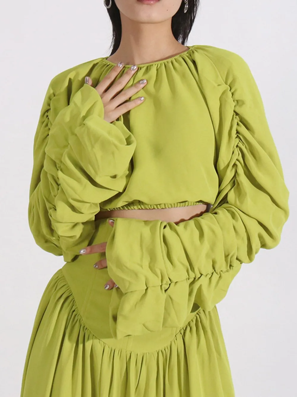 Ruched Long Sleeve Top and High Waist Skirt Set, image 4